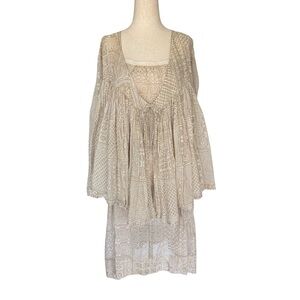 Dosa Beige Gasali Woodblock Print 2 pc Set Cotton Gauze Dress and Jacket